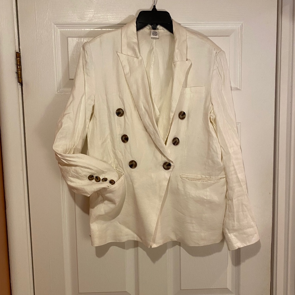 Magaschoni Double Breasted Linen Viscose Warm White Blazer Brown Buttons Size M